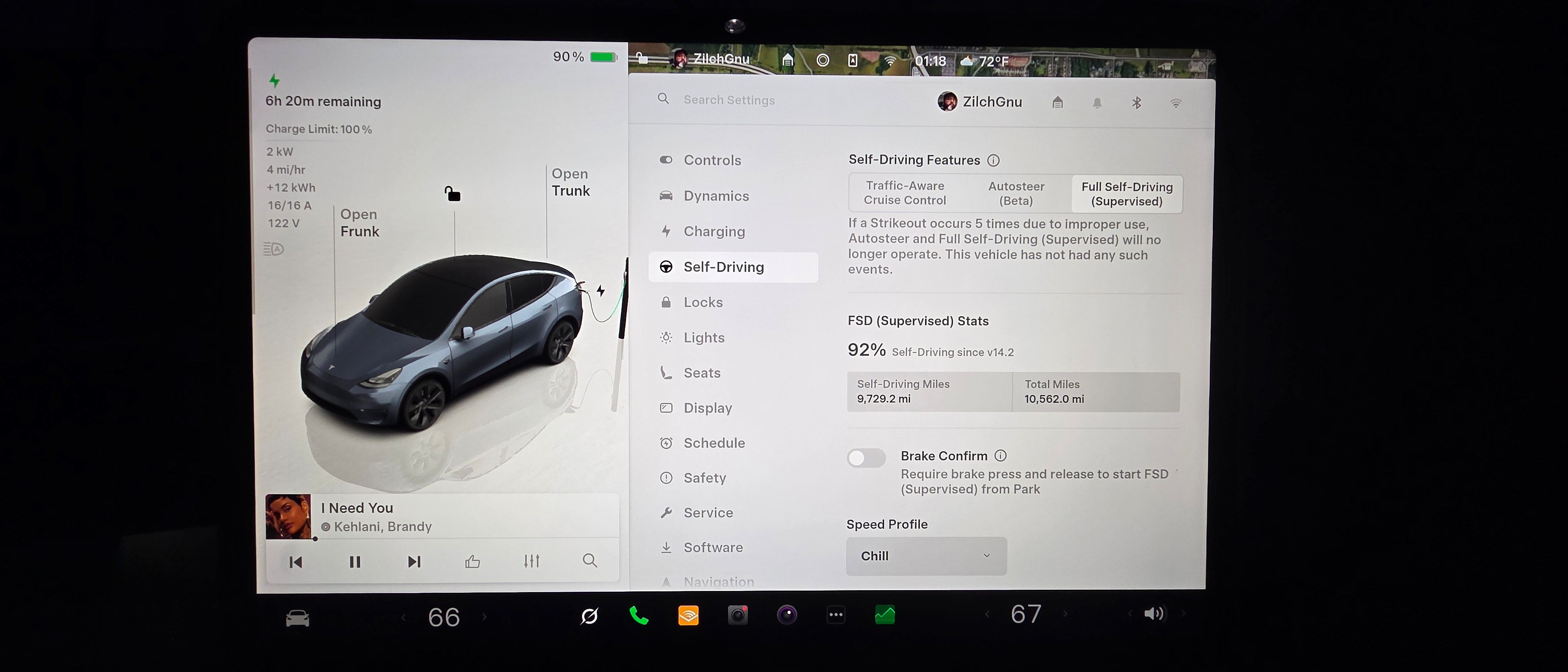 Tesla screen with autopilot active.